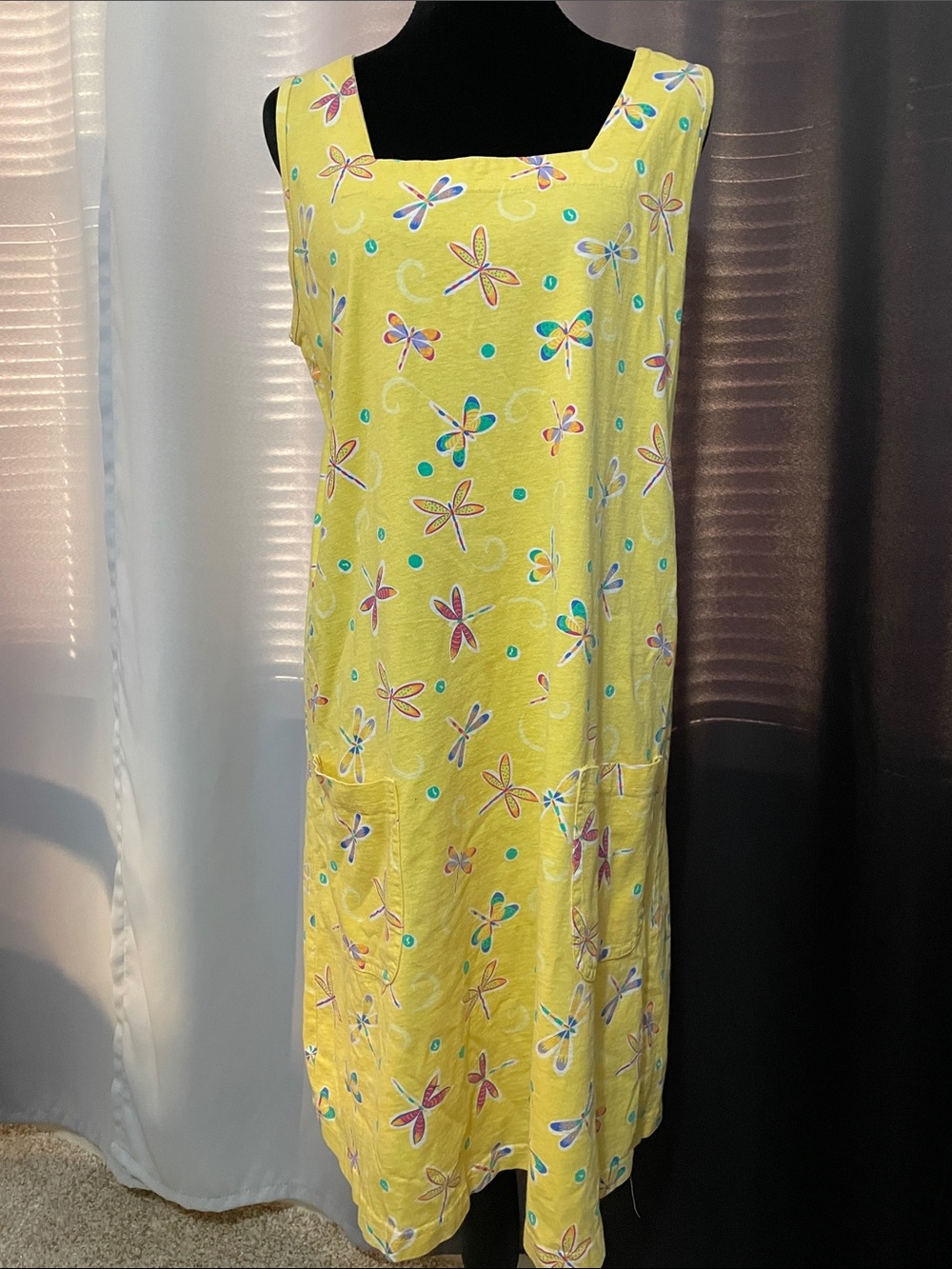 Yellow Floral Midi Shift Dress with Square Neck
